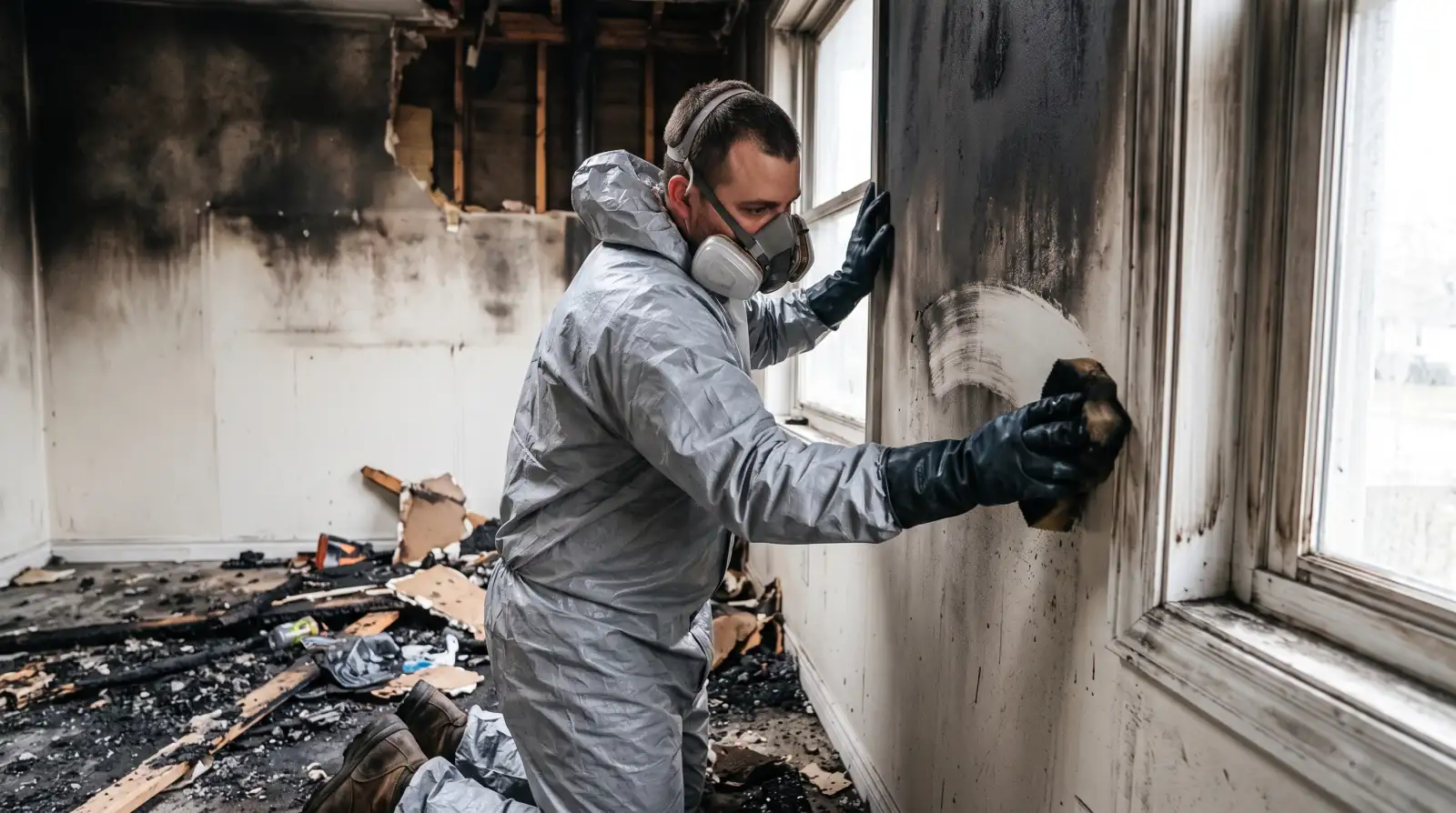 Restoration technician cleaning soot and smoke damage after a house fire in Luling, TX