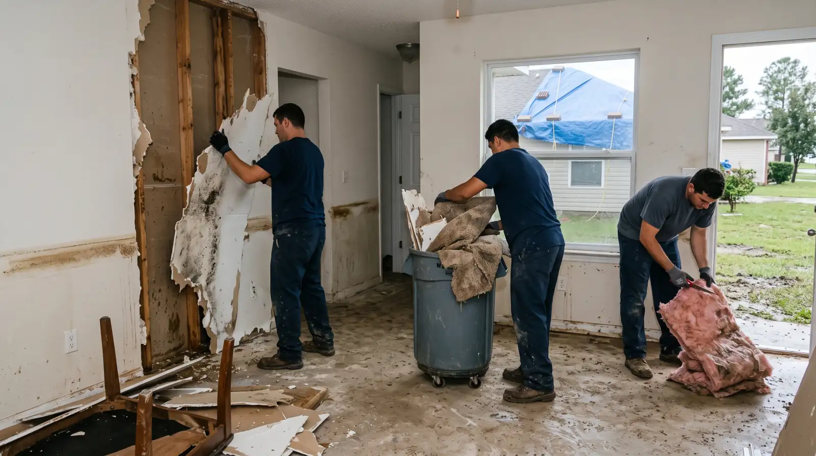 Crew removing water and debris from a flood-damaged home in Luling, TX