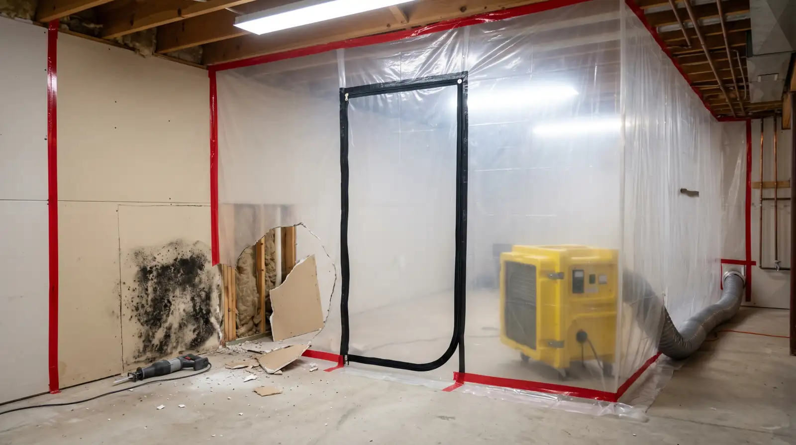 Containment barrier and air scrubber set up for mold remediation in Luling, TX