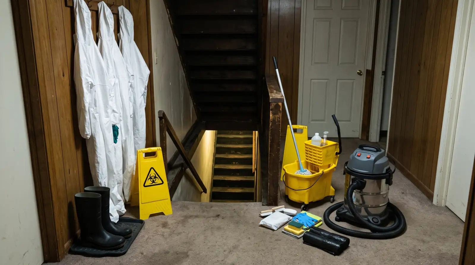 Protective gear and cleaning equipment staged for a sewage backup cleanup in Luling, TX